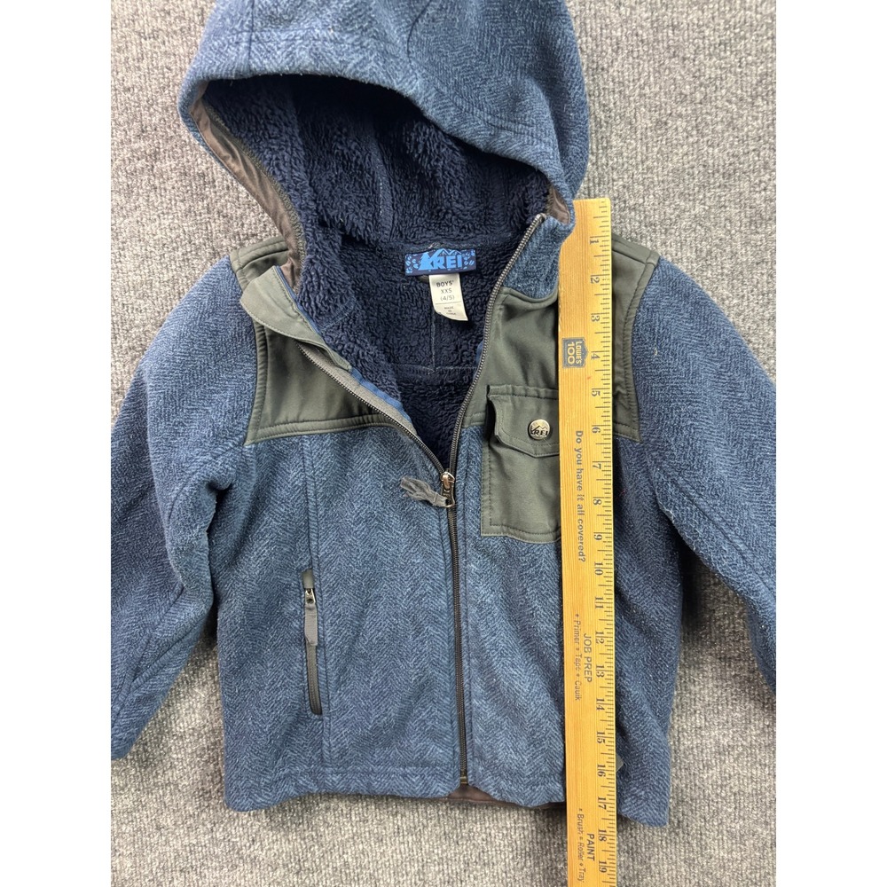 REI Fleece Hoodie Boys XXS 4/5 Blue Herringbone Full Zip Sherpa Lined Jacket - Picture 3 of 7